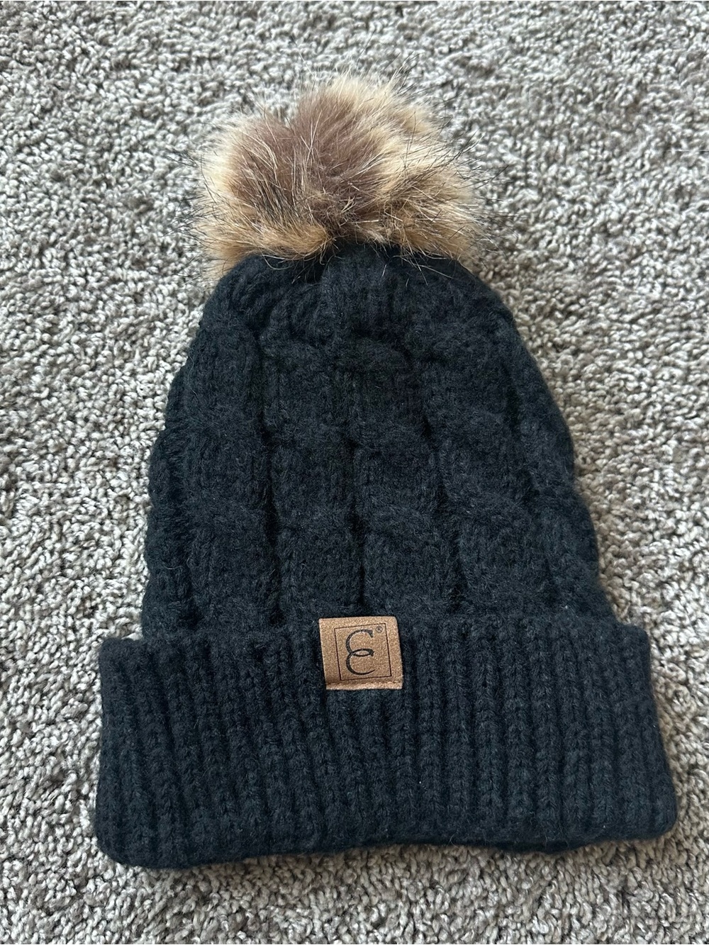 CC Boutique Black Knit Beanie with Brown Faux Fur Pom